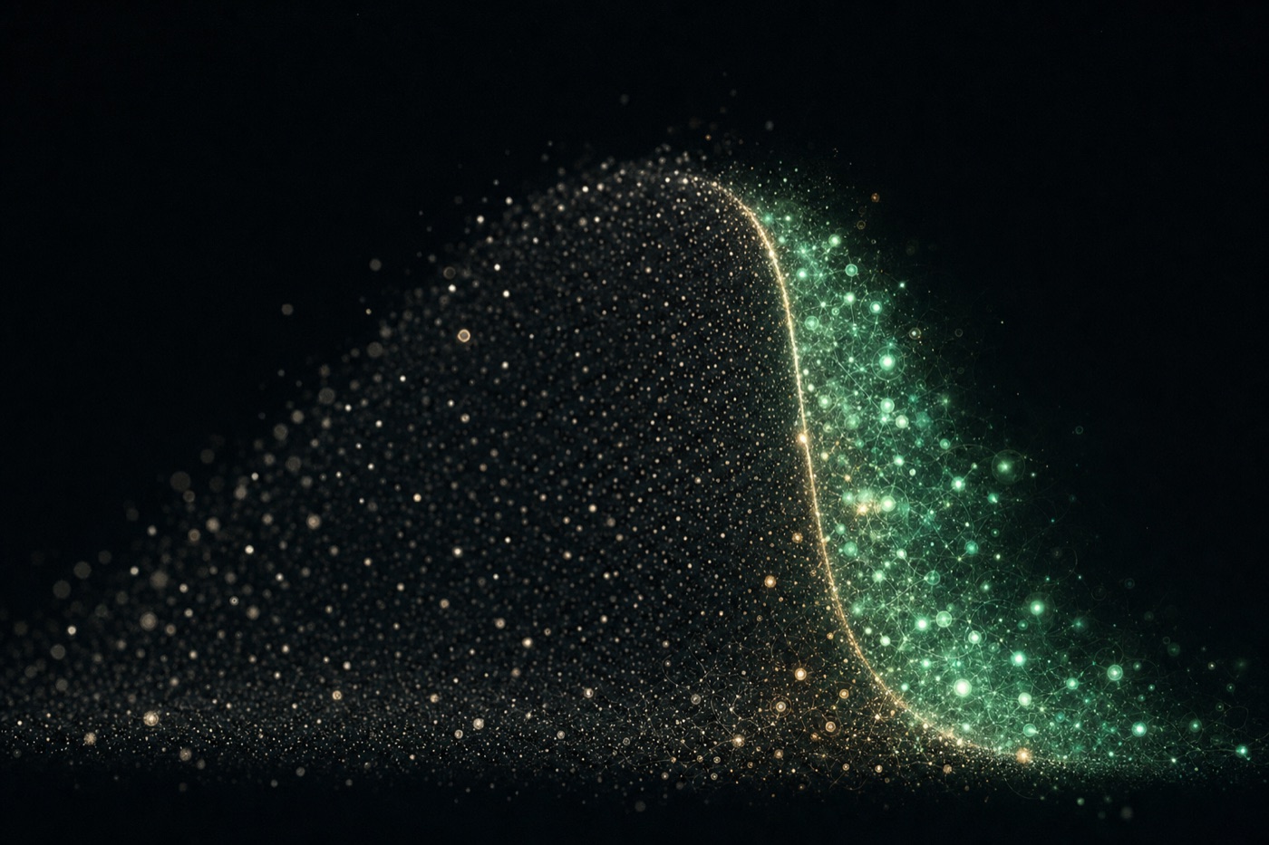 A swarm of dim cells sweeping into a distribution, a bright green fraction separated by a threshold line of light
