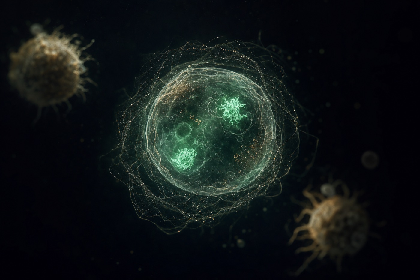 A senescent cell wrapped in a faint protective veil, two glowing markers on its surface, immune cells drifting past in shadow