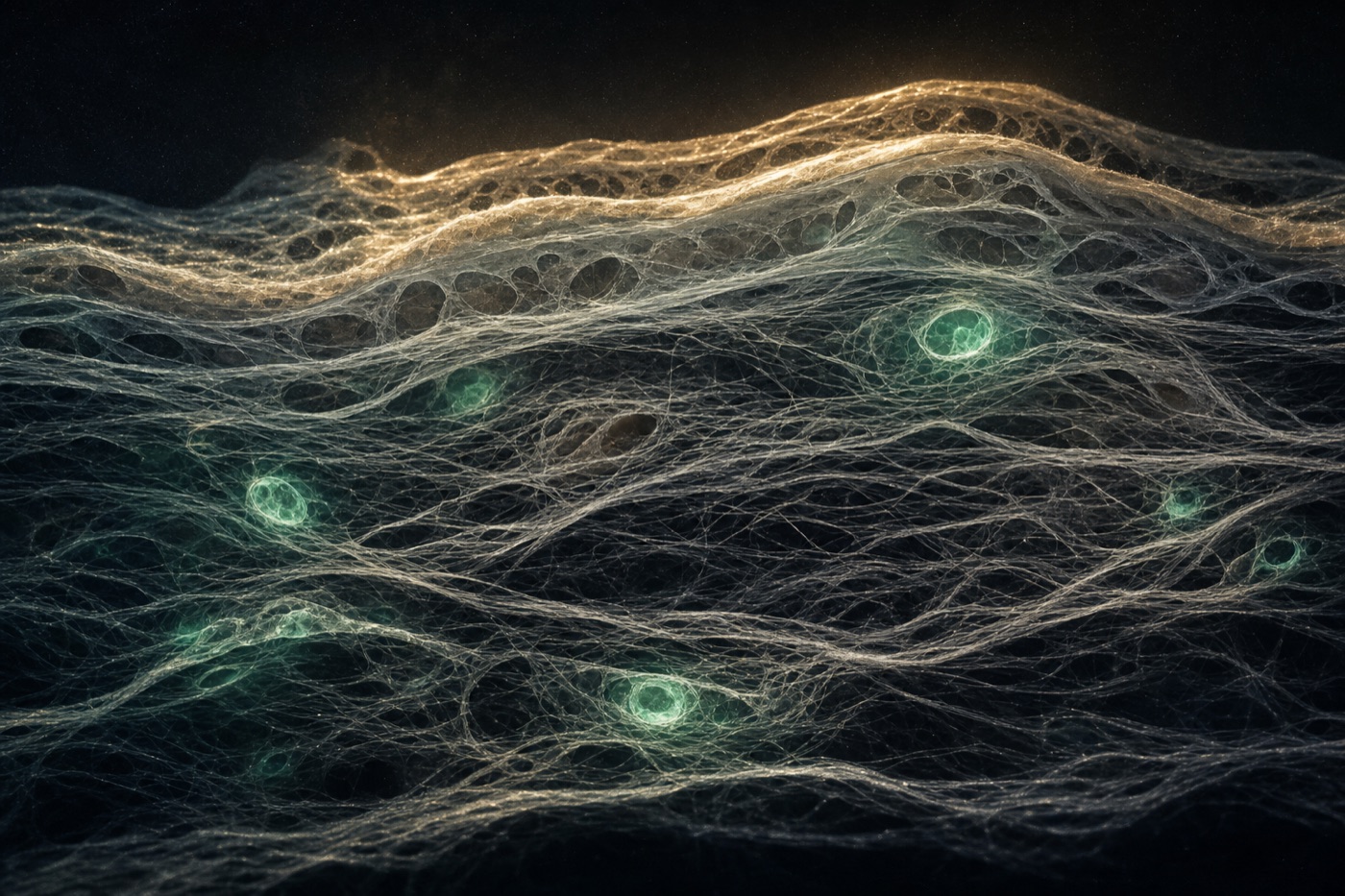 An abstract cross-section of living tissue: interwoven collagen fibers with a few senescent cells glowing green